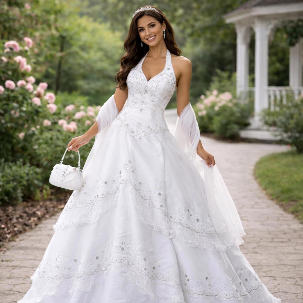 Vintage Y2K Mary’s White Halter Beaded Wedding Gown 14